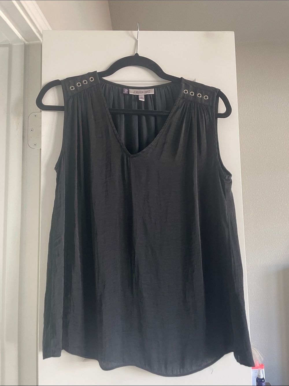 Jennifer Lopez Black V-Neck Sleeveless Tank with Grommet Shoulder Detail
